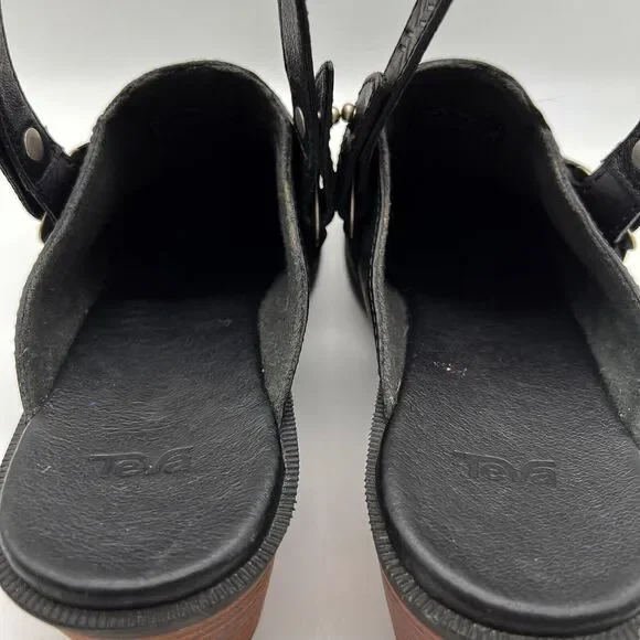 TEVA Foxy Black Leather Adjustable Slingback Mid Block Heel Clogs Women’s 7.5 - Picture 9 of 12
